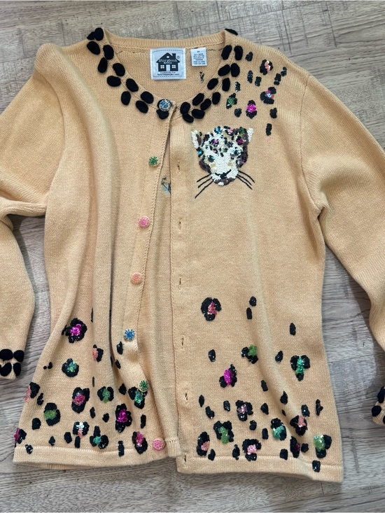 Storybook Knits Sweaters - Storybook Knits Cream Cardigan with Sequin Leopard Motif